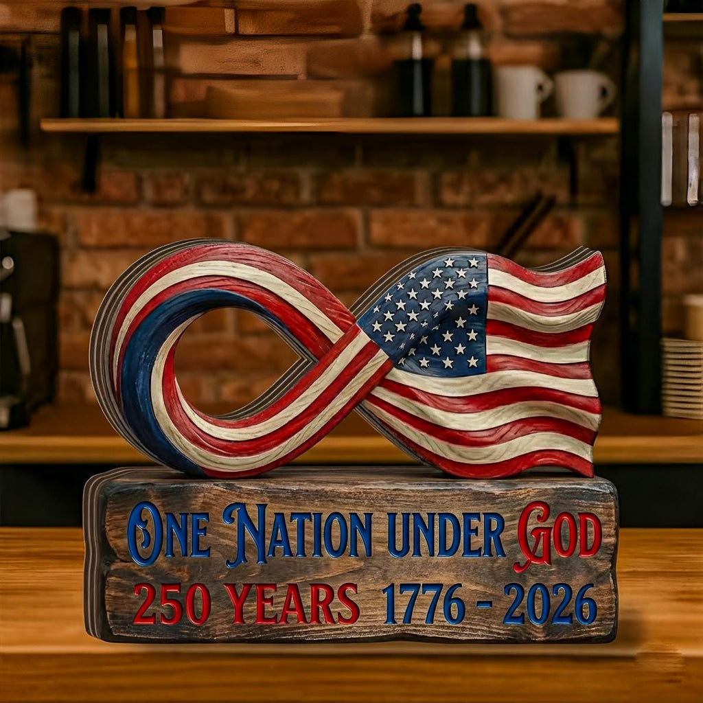 America 250 Wooden Block Sign, USA 250 Patriotic Wood Decor, One Nation Under God Sign, Patriotic Infinity Flag Tabletop Decor