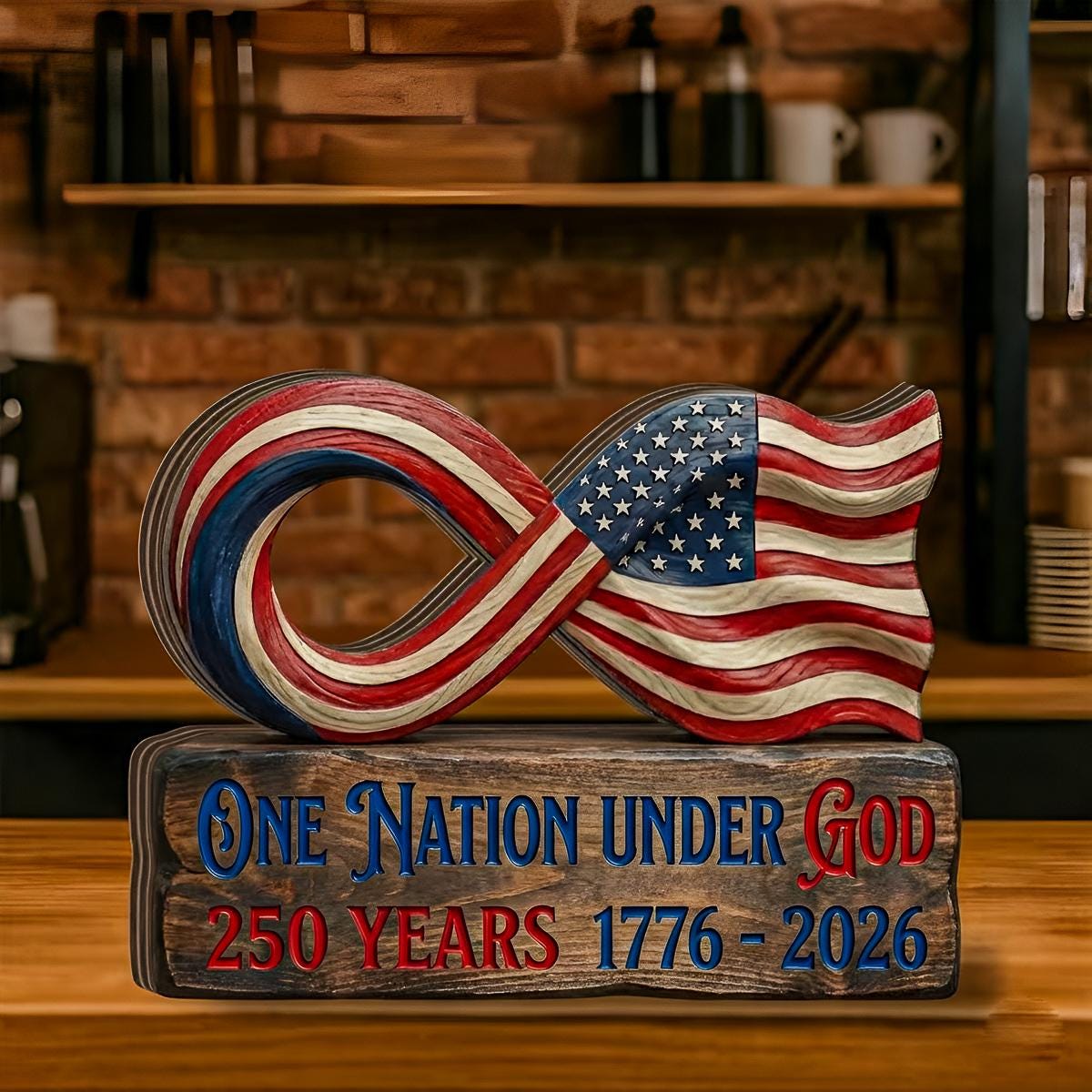 America 250 Wooden Block Sign, USA 250 Patriotic Wood Decor, One Nation Under God Sign, Patriotic Infinity Flag Tabletop Decor