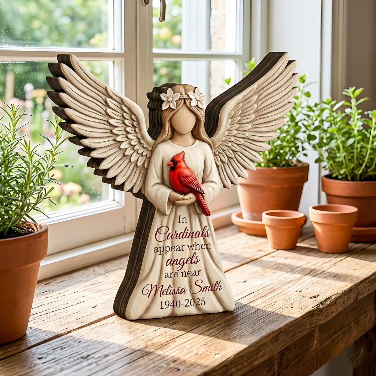 Personalized Angel Cardinal Memorial Wooden Block, In Cardinals Appear Angels Are Near Sign, Custom Name Sympathy Keepsake, Remembrance Gift