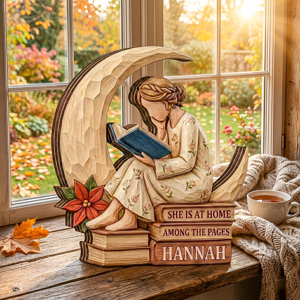 Personalized Girl Reading Moon Wooden Block, She Is At Home Among The Pages Decor, Custom Name Book Lover Gift, Handmade Wood Tabletop Decor