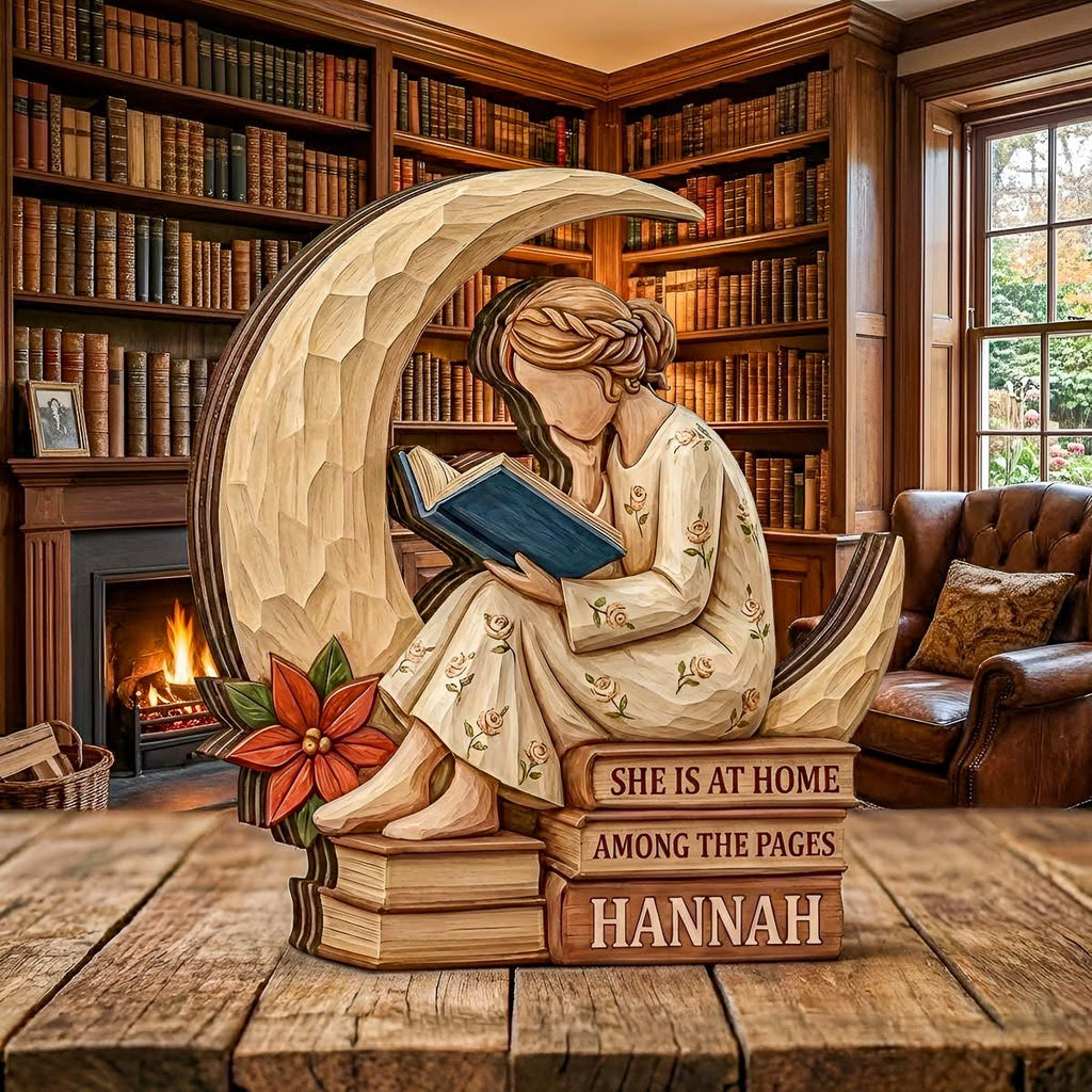 Personalized Girl Reading Moon Wooden Block, She Is At Home Among The Pages Decor, Custom Name Book Lover Gift, Handmade Wood Tabletop Decor