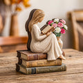 Girl Reading on Book Stack Wooden Block, Book Lover Figurine with Flowers, Literary Home Decor, Handmade Wood Tabletop Gift for Readers