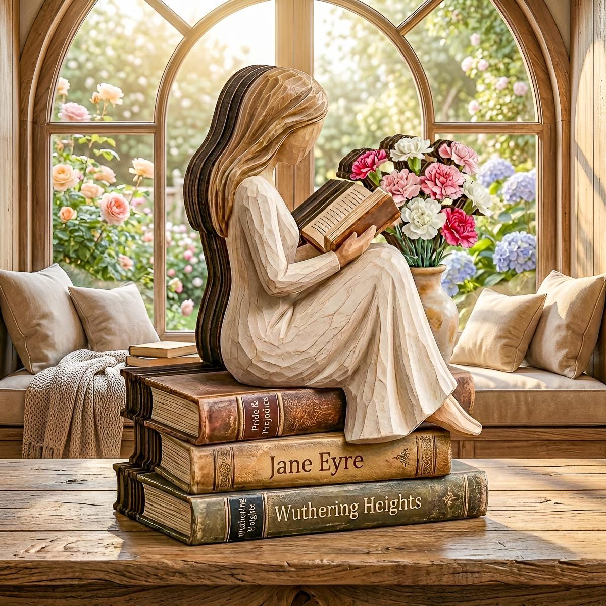 Girl Reading on Book Stack Wooden Block, Book Lover Figurine with Flowers, Literary Home Decor, Handmade Wood Tabletop Gift for Readers