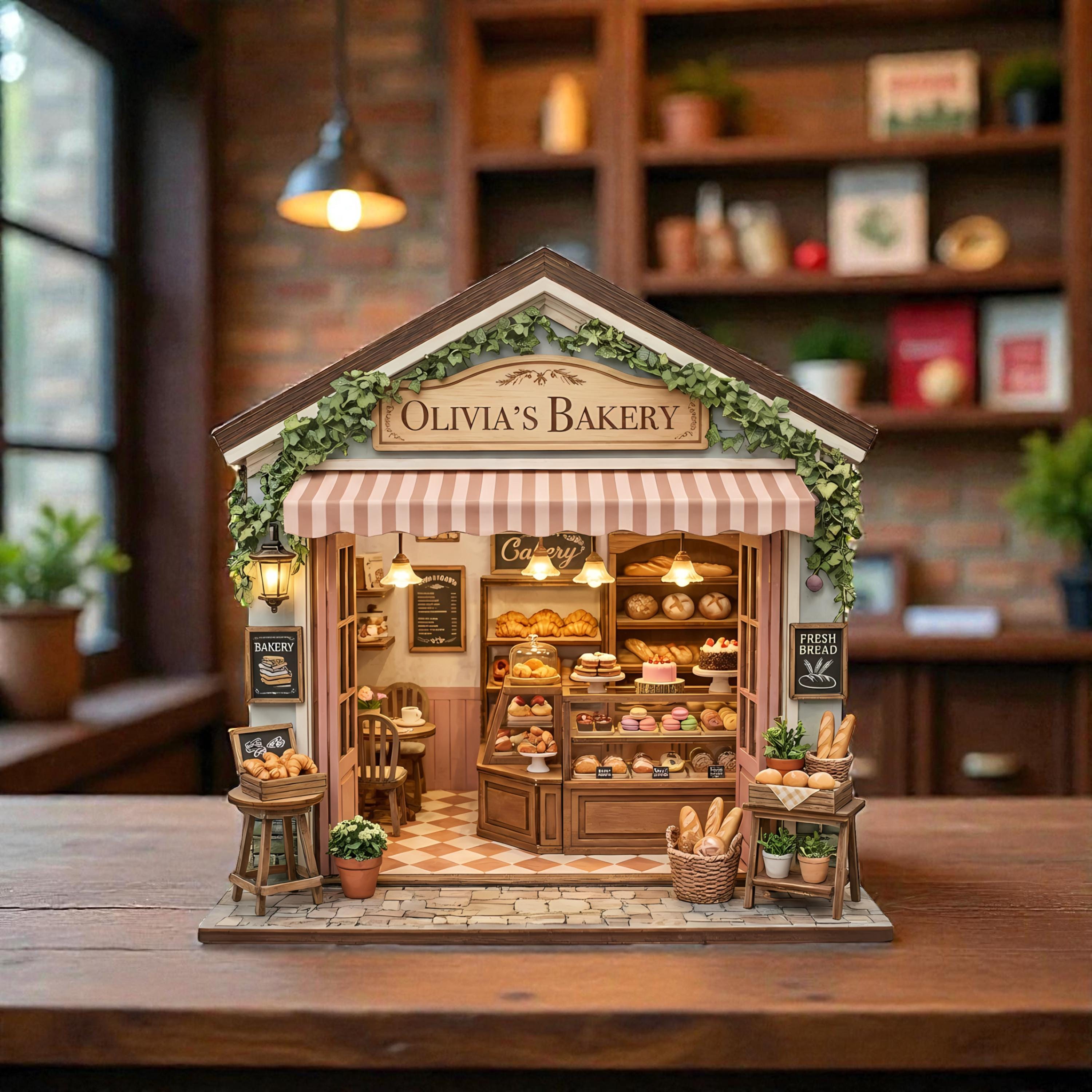 Personalized Bakery 2D FLAT Wooden Block, Custom Shopfront Wooden Decor, Mini Bakery House Sign, Cottagecore Kitchen Shelf Decor