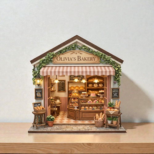 Personalized Bakery 2D FLAT Wooden Block, Custom Shopfront Wooden Decor, Mini Bakery House Sign, Cottagecore Kitchen Shelf Decor
