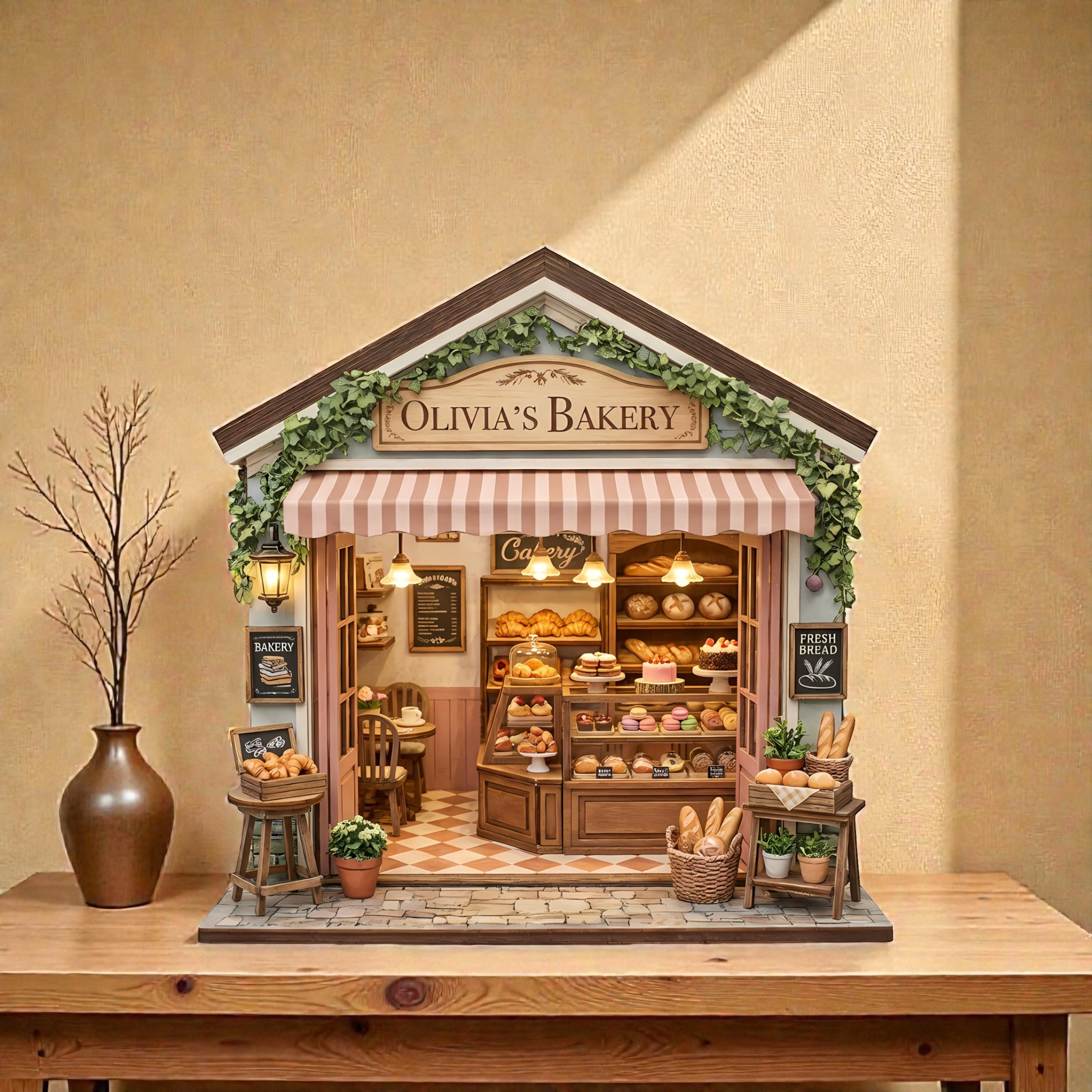 Personalized Bakery 2D FLAT Wooden Block, Custom Shopfront Wooden Decor, Mini Bakery House Sign, Cottagecore Kitchen Shelf Decor