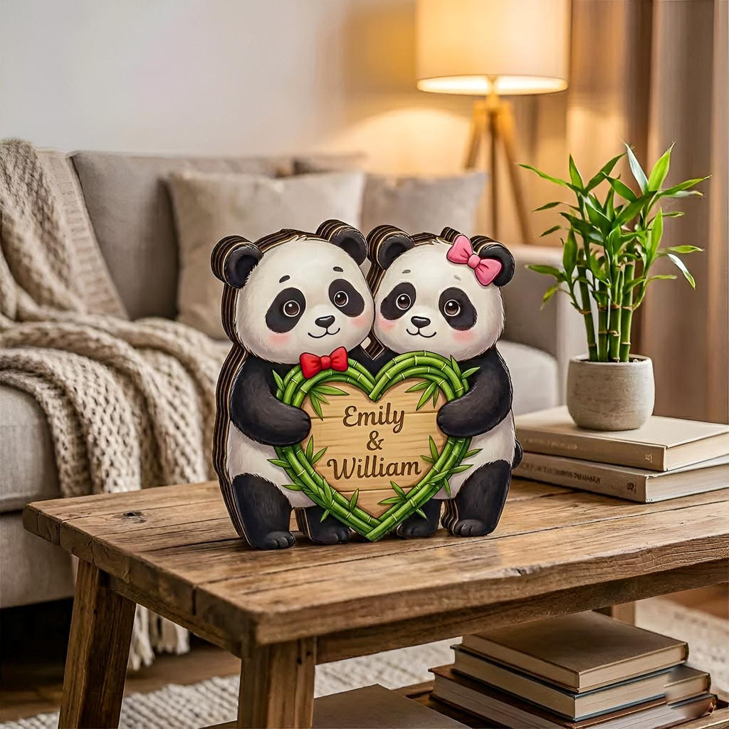Personalized Panda Couple Wooden Block Art, Custom Name Panda Decor, Cute Handmade Wood Gift for Anniversary Valentine, Cute Panda Love Sign