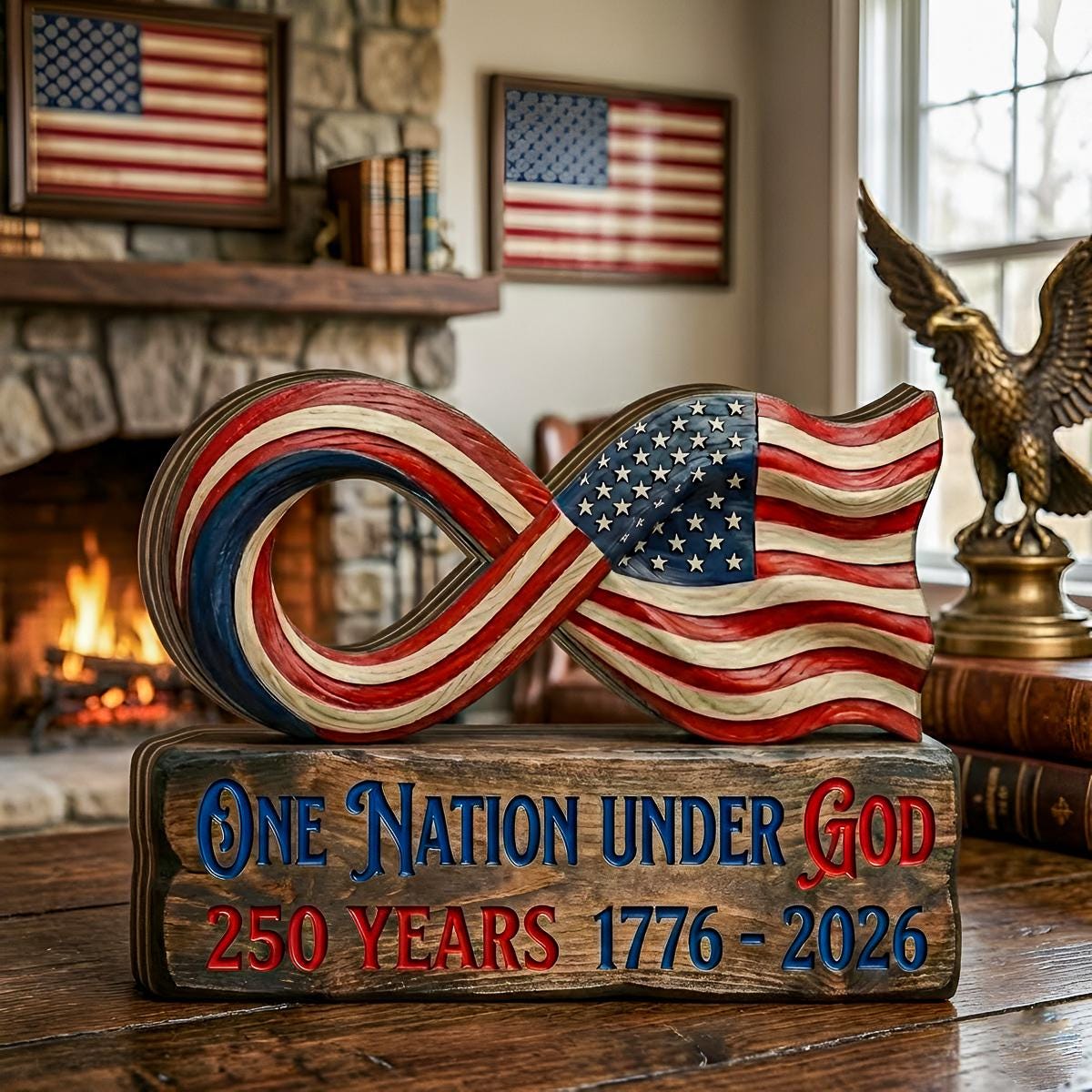 America 250 Wooden Block Sign, USA 250 Patriotic Wood Decor, One Nation Under God Sign, Patriotic Infinity Flag Tabletop Decor
