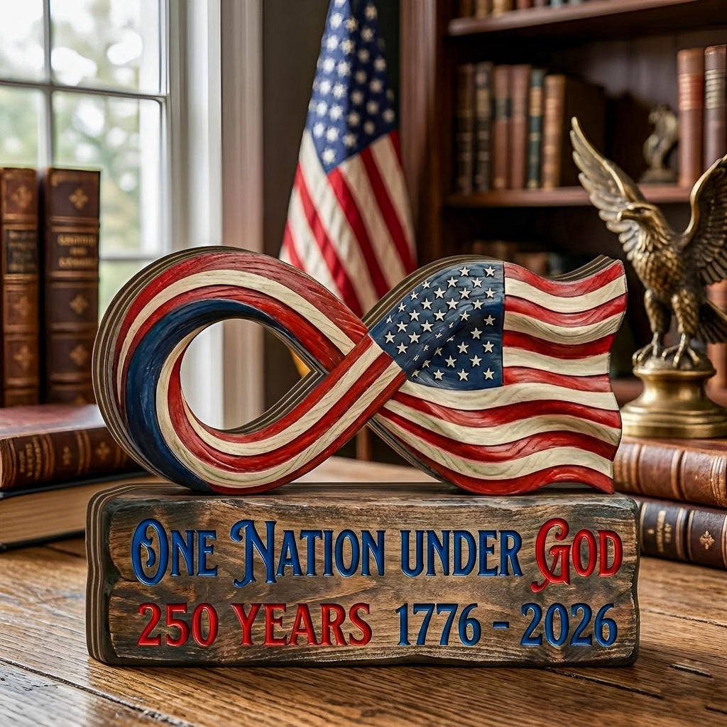 America 250 Wooden Block Sign, USA 250 Patriotic Wood Decor, One Nation Under God Sign, Patriotic Infinity Flag Tabletop Decor
