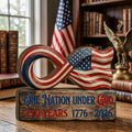 America 250 Wooden Block Sign, USA 250 Patriotic Wood Decor, One Nation Under God Sign, Patriotic Infinity Flag Tabletop Decor