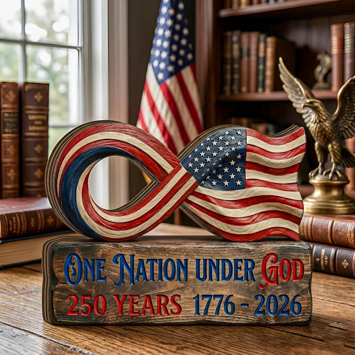 America 250 Wooden Block Sign, USA 250 Patriotic Wood Decor, One Nation Under God Sign, Patriotic Infinity Flag Tabletop Decor