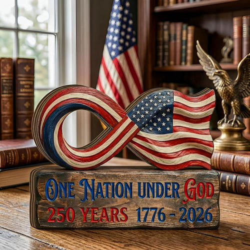 America 250 Wooden Block Sign, USA 250 Patriotic Wood Decor, One Nation Under God Sign, Patriotic Infinity Flag Tabletop Decor