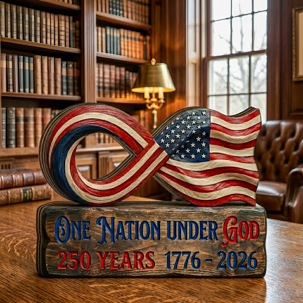 America 250 Wooden Block Sign, USA 250 Patriotic Wood Decor, One Nation Under God Sign, Patriotic Infinity Flag Tabletop Decor