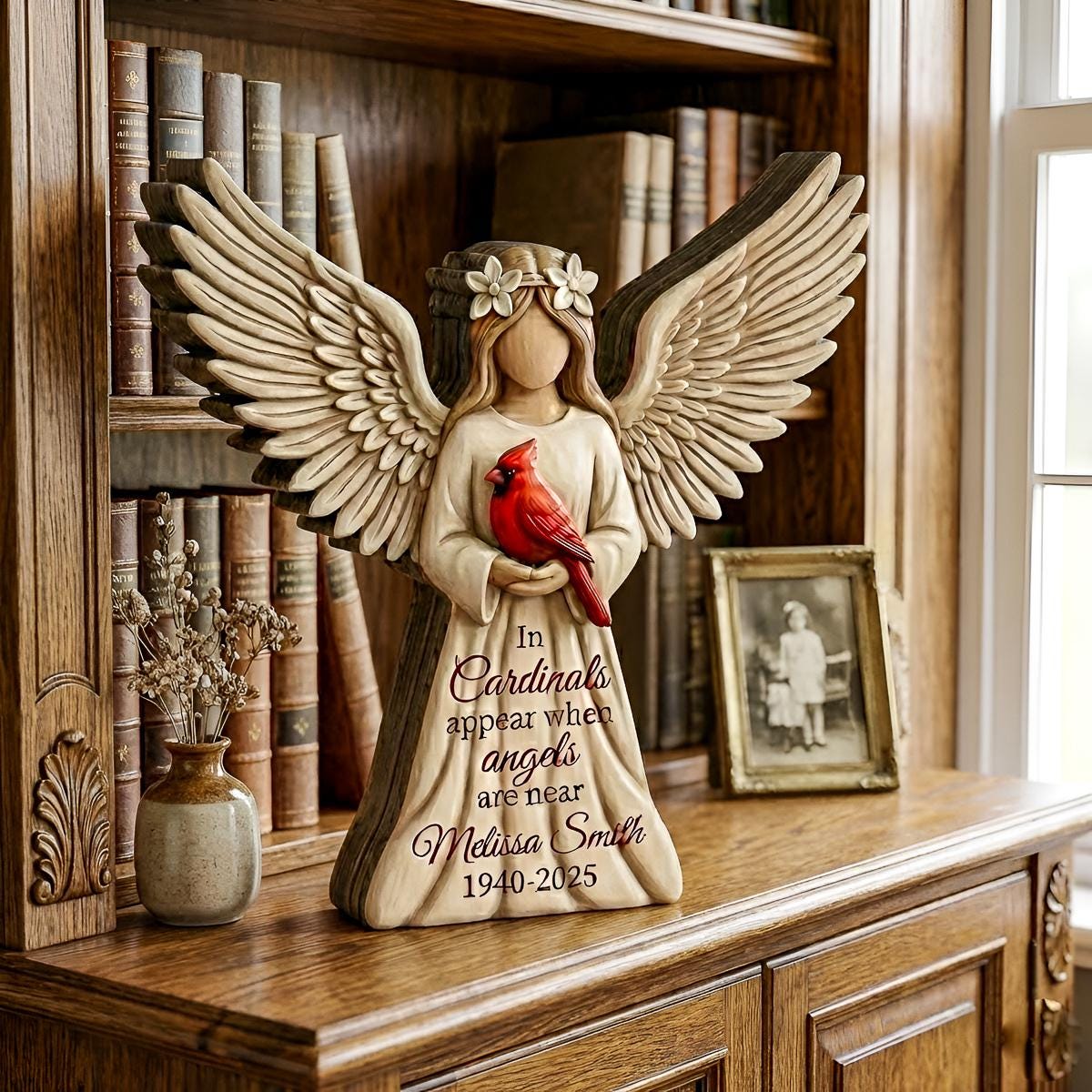 Personalized Angel Cardinal Memorial Wooden Block, In Cardinals Appear Angels Are Near Sign, Custom Name Sympathy Keepsake, Remembrance Gift