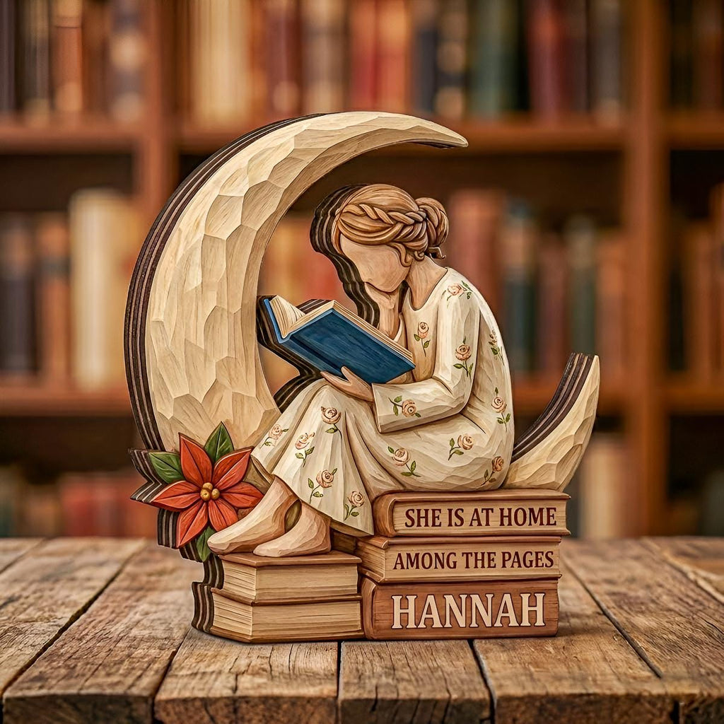 Personalized Girl Reading Moon Wooden Block, She Is At Home Among The Pages Decor, Custom Name Book Lover Gift, Handmade Wood Tabletop Decor
