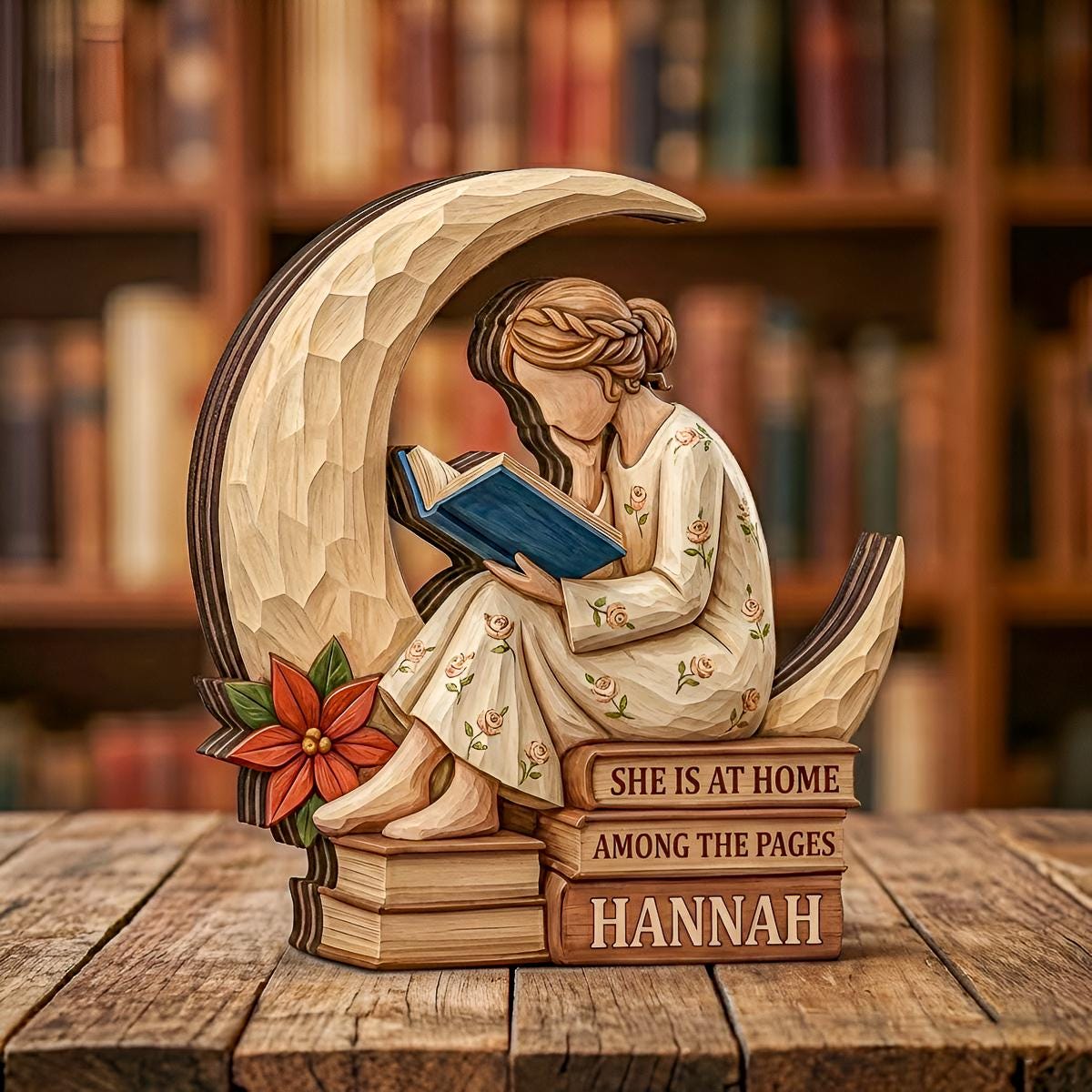 Personalized Girl Reading Moon Wooden Block, She Is At Home Among The Pages Decor, Custom Name Book Lover Gift, Handmade Wood Tabletop Decor