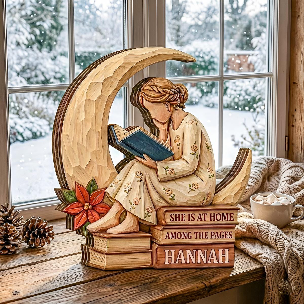 Personalized Girl Reading Moon Wooden Block, She Is At Home Among The Pages Decor, Custom Name Book Lover Gift, Handmade Wood Tabletop Decor