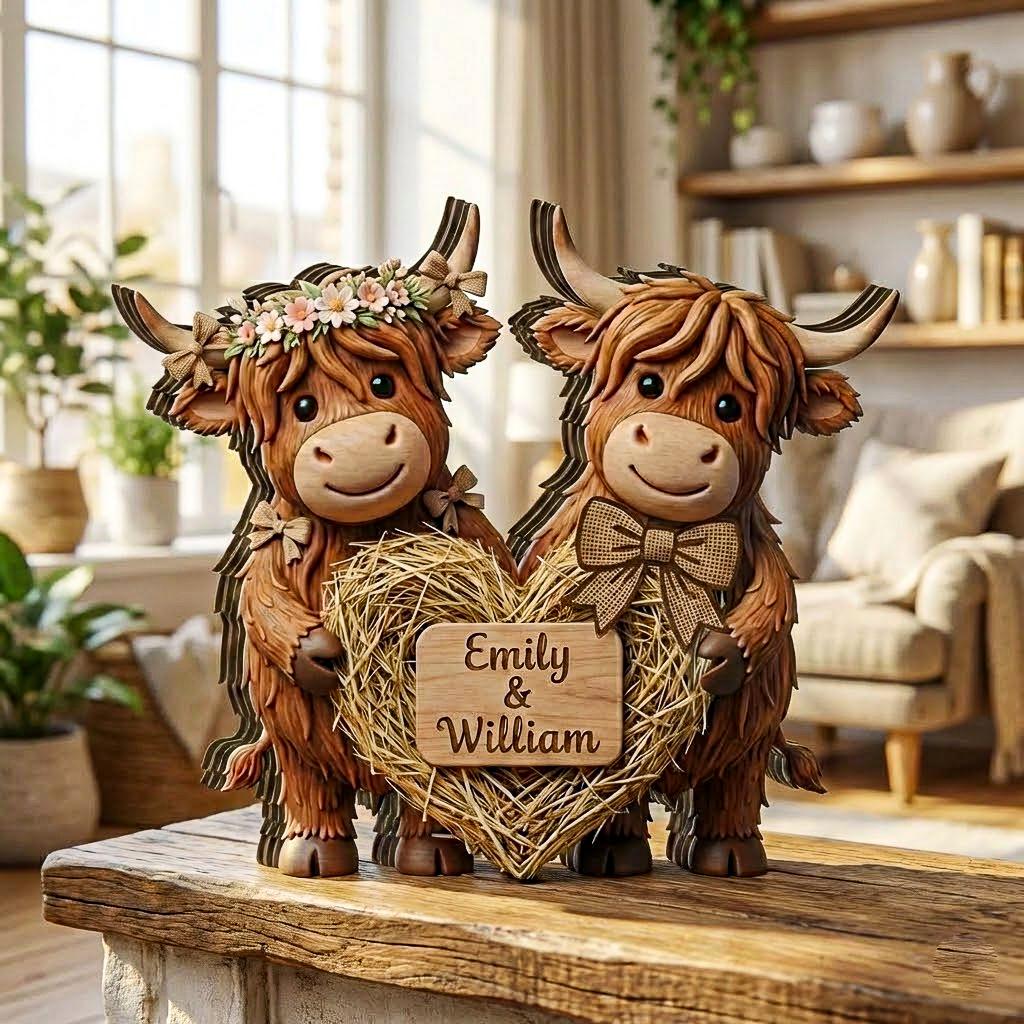 Personalized Highland Cow Couple Wooden Sign, Custom Farmhouse Gift, Cute Cow Heart Plaque with Names, Personalized Cow Wood Table Sign