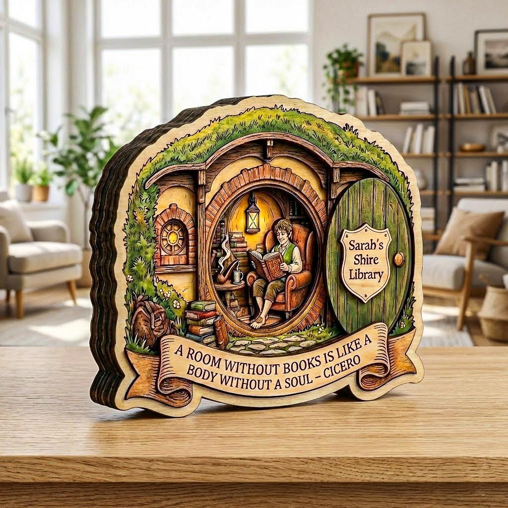Personalized Library Wood Art, Hobbit Hole Decor, Fantasy Book Lover Gift, Custom Tolkien Fantasy Shelf Display, Fantasy Book