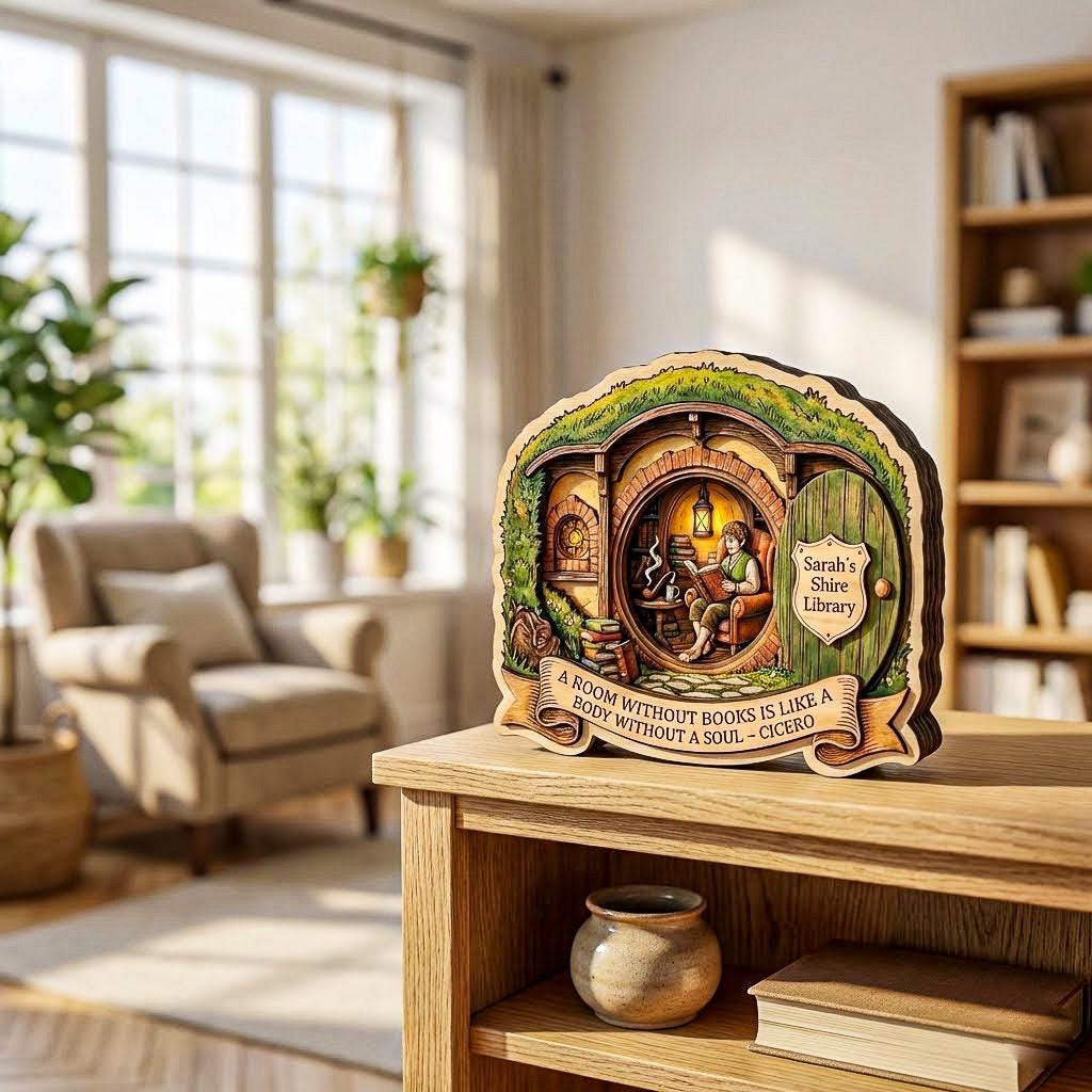 Personalized Library Wood Art, Hobbit Hole Decor, Fantasy Book Lover Gift, Custom Tolkien Fantasy Shelf Display, Fantasy Book