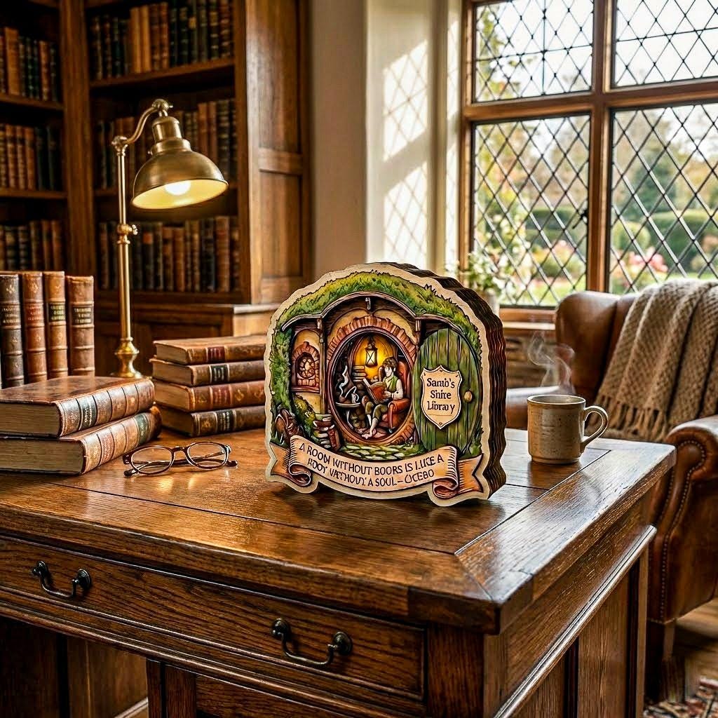 Personalized Library Wood Art, Hobbit Hole Decor, Fantasy Book Lover Gift, Custom Tolkien Fantasy Shelf Display, Fantasy Book