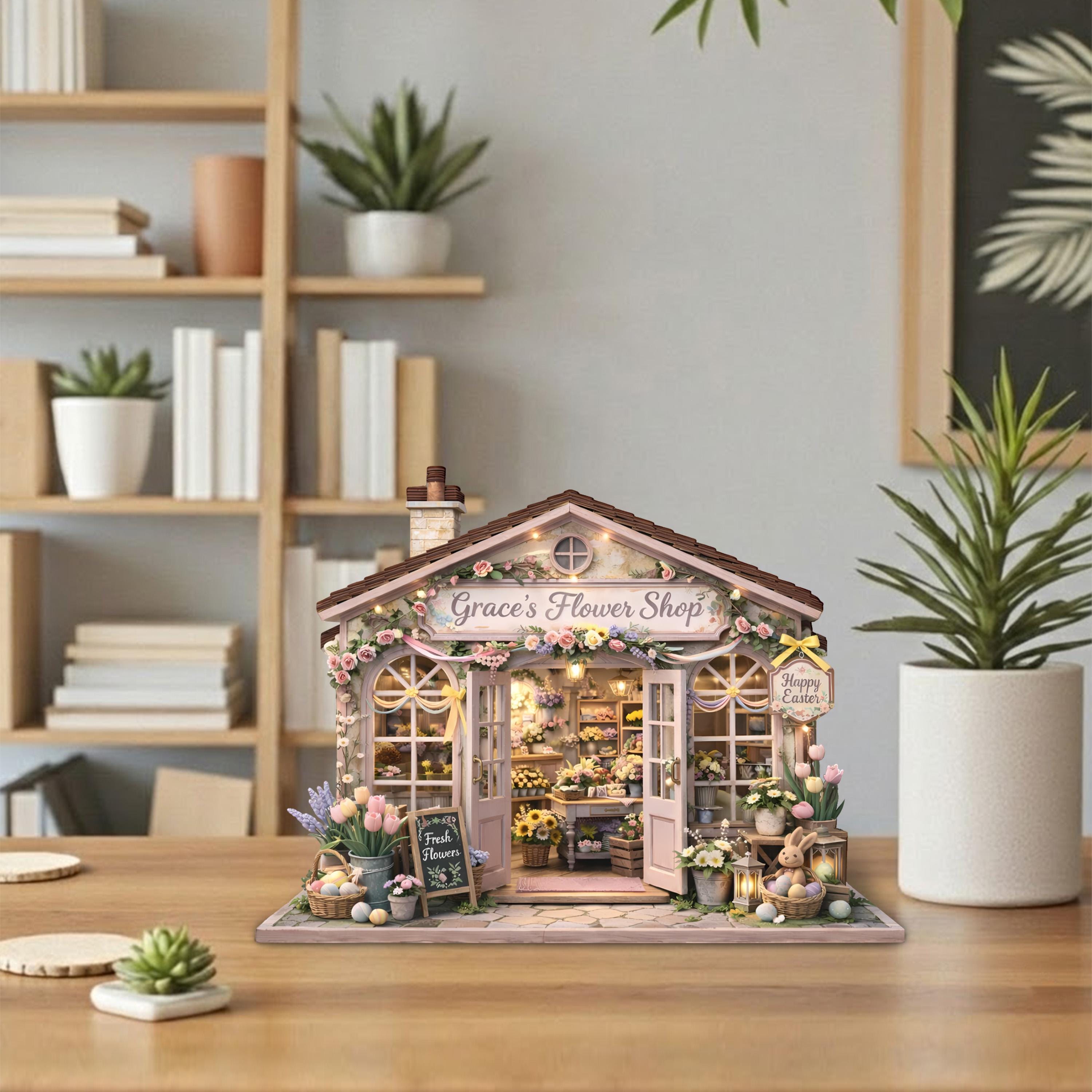 Personalized Flower Shop Wooden Block Decor, Custom Florist Storefront Miniature, Spring Boutique Shelf Display, Floral Lover Gift