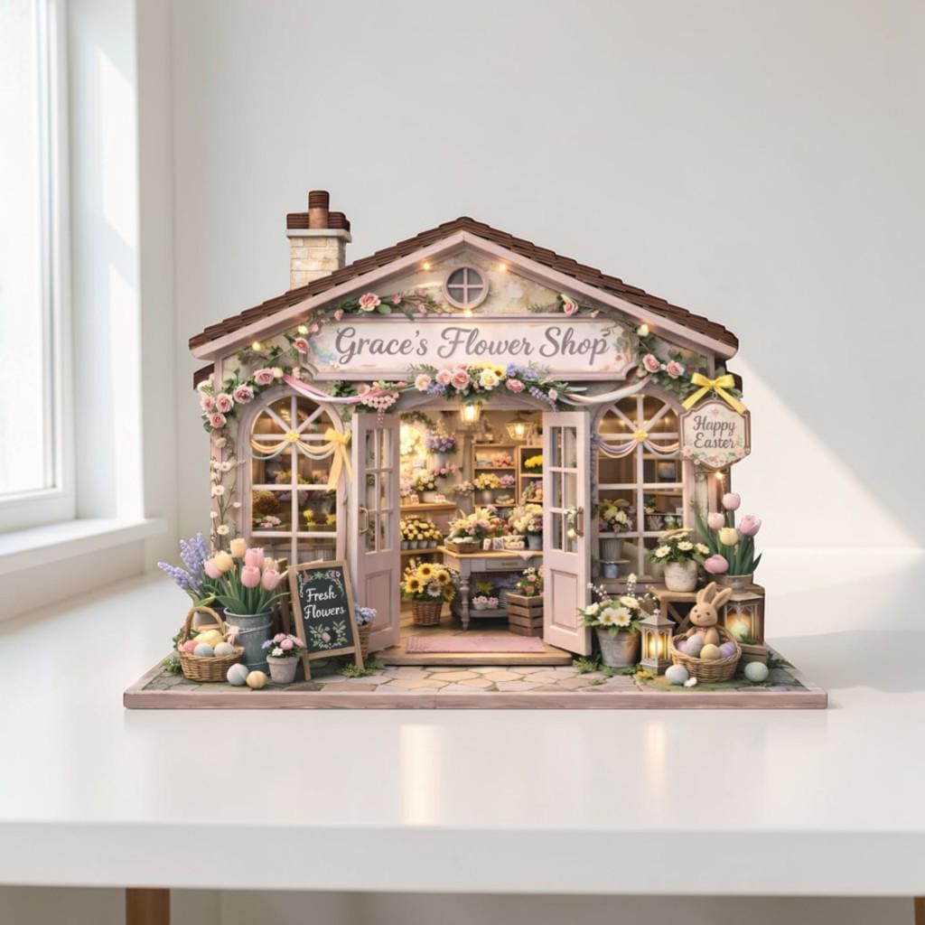 Personalized Flower Shop Wooden Block Decor, Custom Florist Storefront Miniature, Spring Boutique Shelf Display, Floral Lover Gift