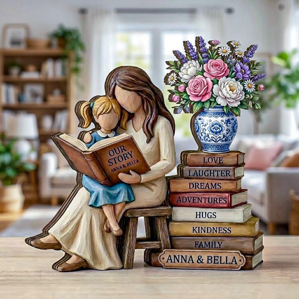 Personalized Mom Reading With Daughter Wooden Block, Custom Reading Mom Gift, Book Lover Mom Decor, Mother’s Day Gift, Gift For Book Lover