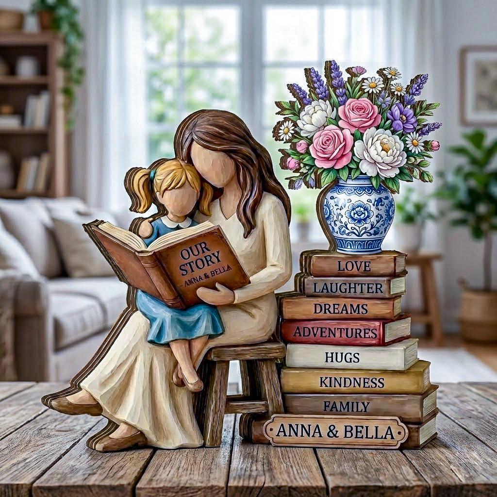 Personalized Mom Reading With Daughter Wooden Block, Custom Reading Mom Gift, Book Lover Mom Decor, Mother’s Day Gift, Gift For Book Lover