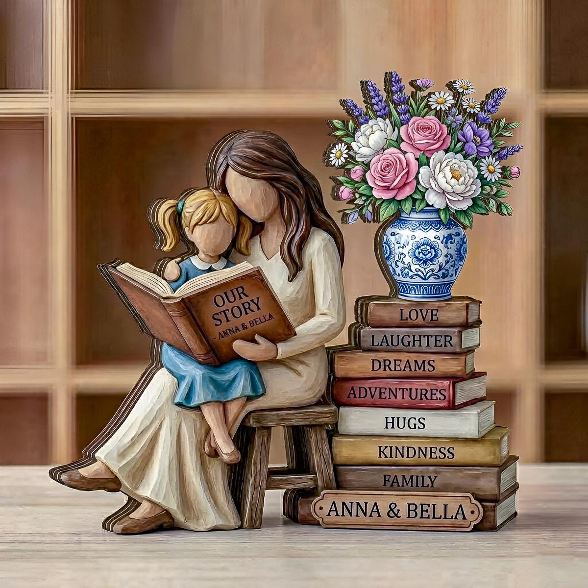 Personalized Mom Reading With Daughter Wooden Block, Custom Reading Mom Gift, Book Lover Mom Decor, Mother’s Day Gift, Gift For Book Lover