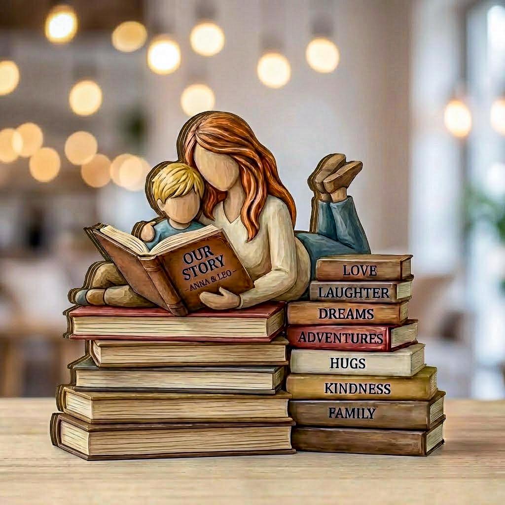 Personalized Mother and Son Wooden Block, Custom Mom Reading to Boy, Book Lover Gift for Mom, Nursery Decor, Mother Day Keepsake