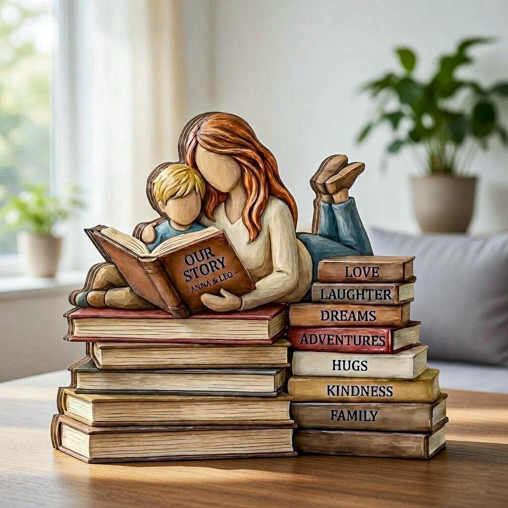 Personalized Mother and Son Wooden Block, Custom Mom Reading to Boy, Book Lover Gift for Mom, Nursery Decor, Mother Day Keepsake