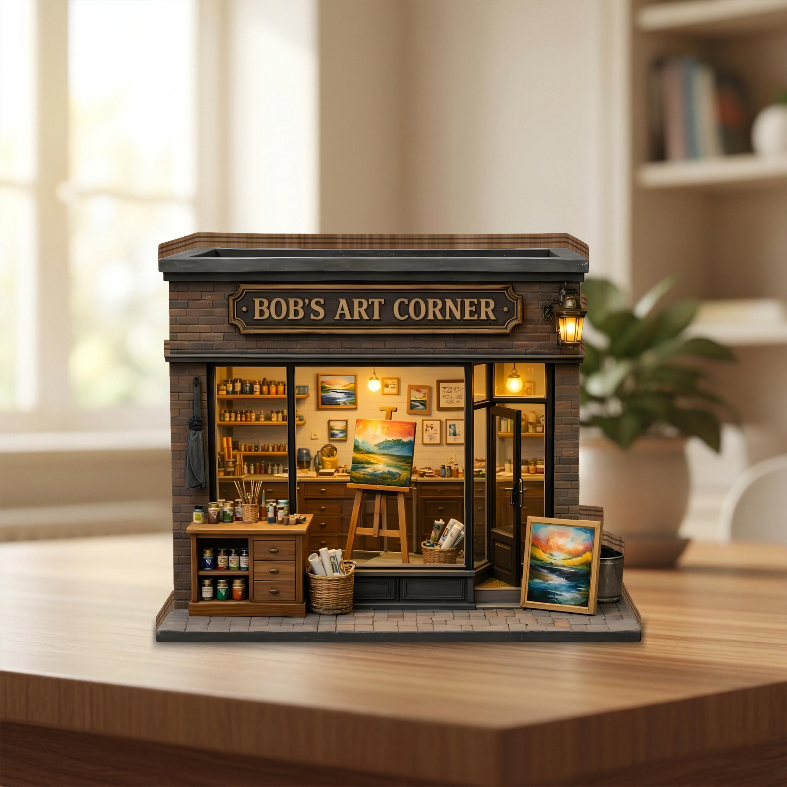 Personalized Art Studio Miniature, Custom Artist Workshop Decor, Mini Art Shop Wooden Block, Creative Studio Gift, Bob’s Art Corner Decor