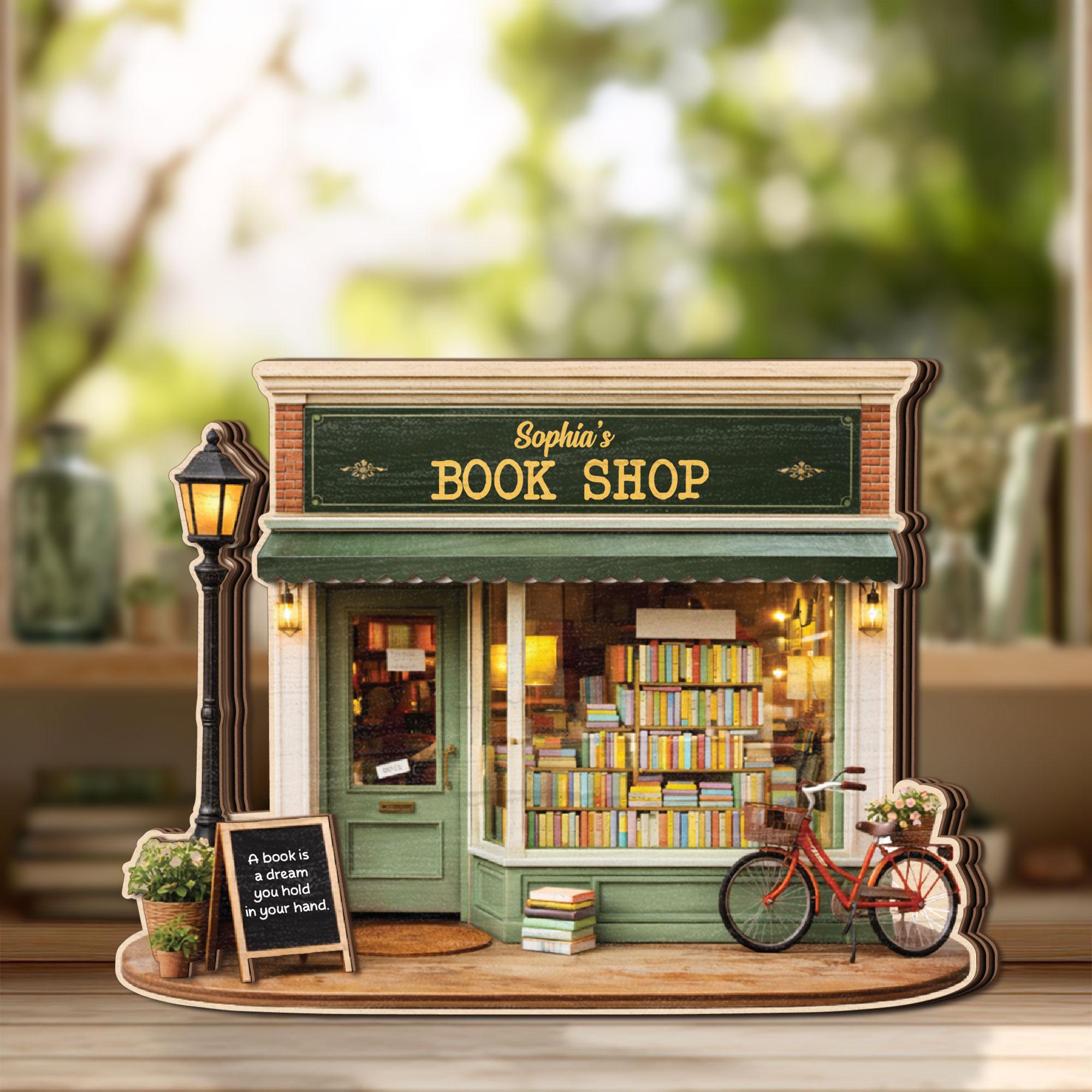Personalized Book Shop Wooden Block, Custom Name Bookstore Decor, Miniature Library Wooden Sign Gift for Book Lovers, Cozy Reading Decor
