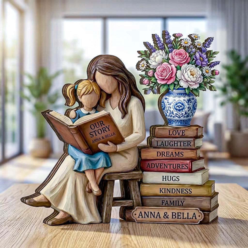 Personalized Mom Reading With Daughter Wooden Block, Custom Reading Mom Gift, Book Lover Mom Decor, Mother’s Day Gift, Gift For Book Lover