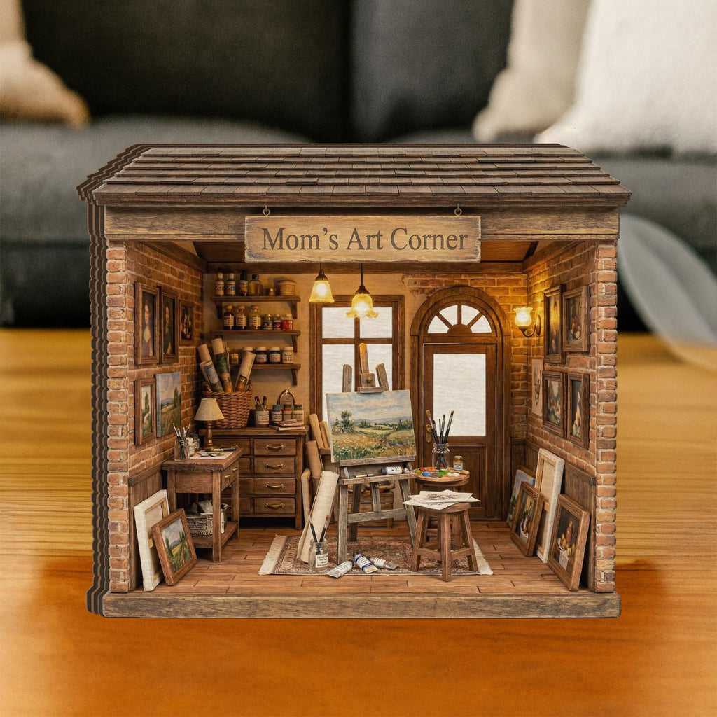 Personalized Wooden Block Art Studio Diorama, Mini Painting Room Scene with Easel and Canvas