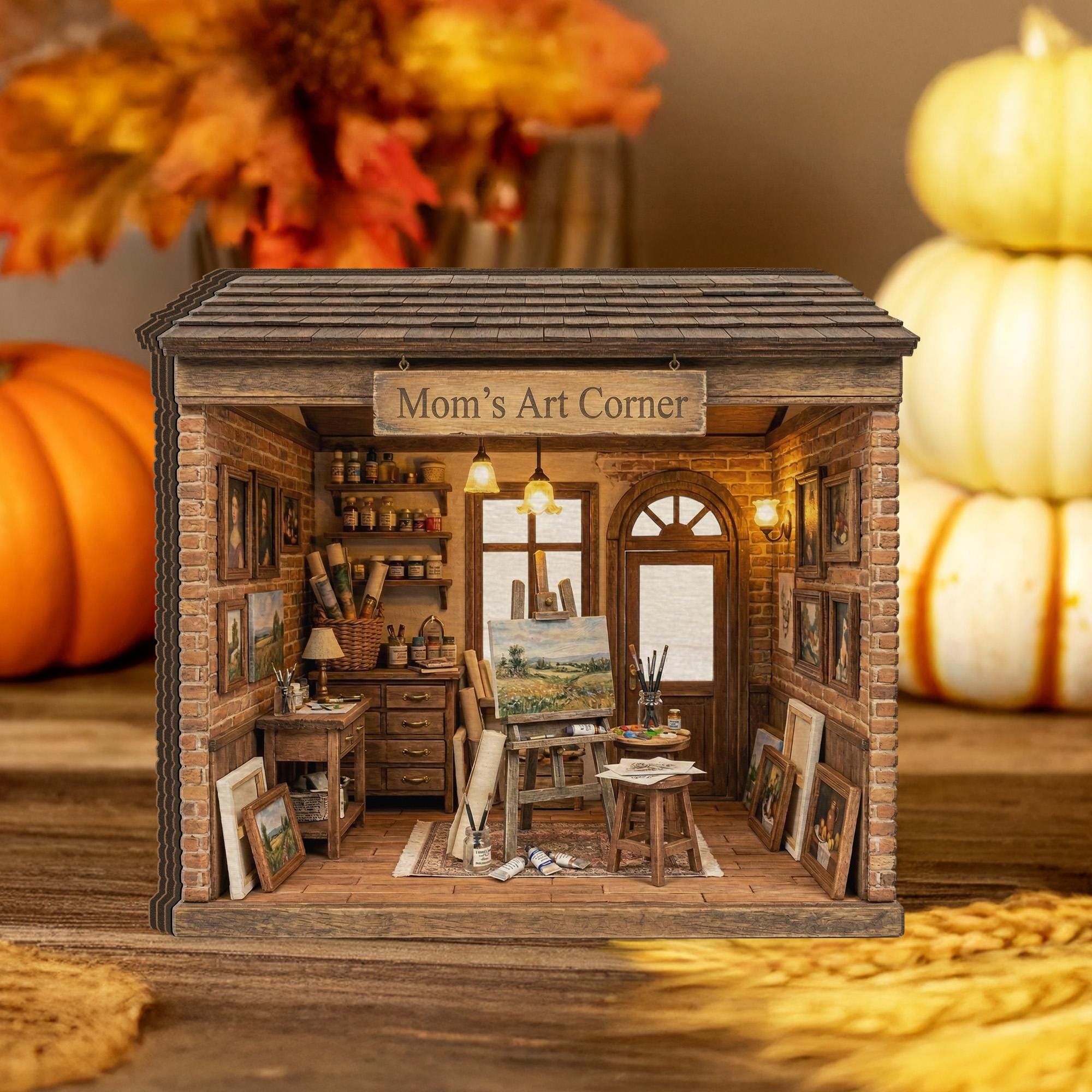 Personalized Wooden Block Art Studio Diorama, Mini Painting Room Scene with Easel and Canvas