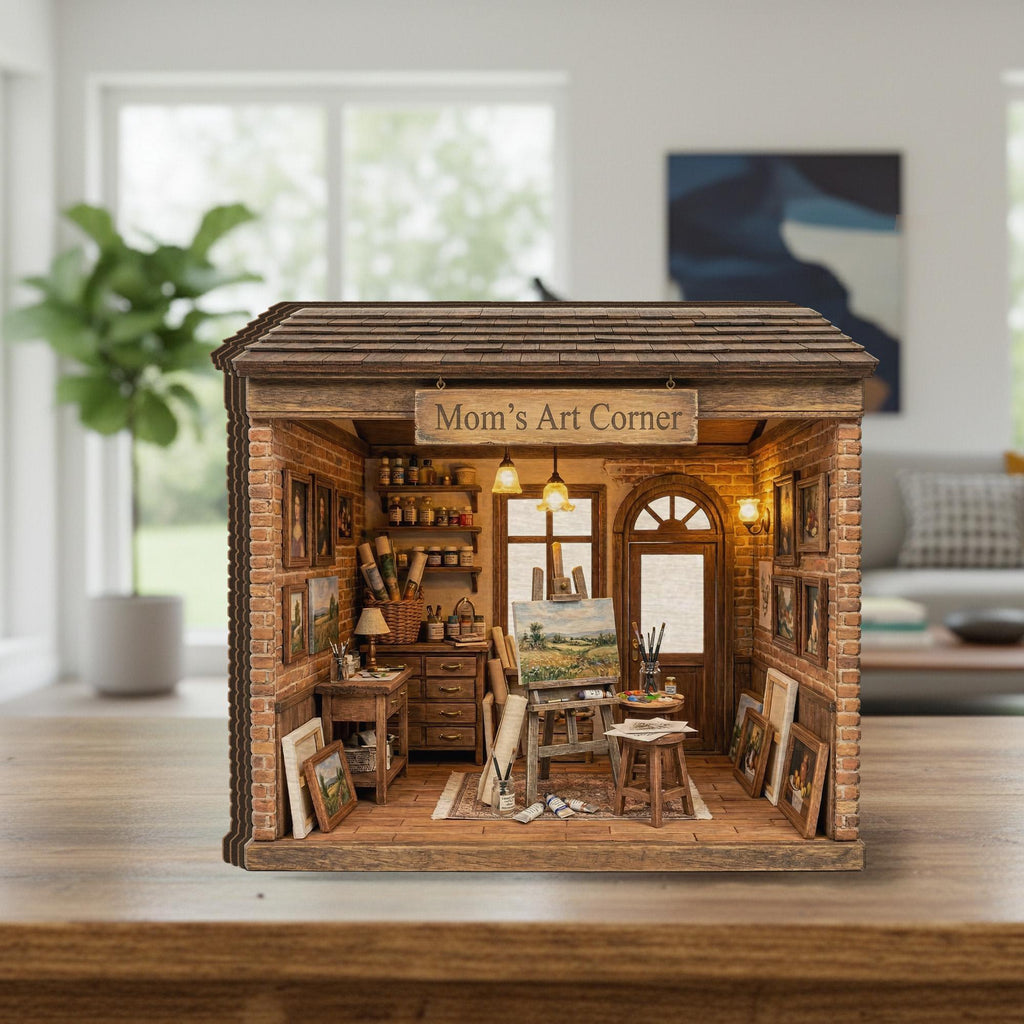 Personalized Wooden Block Art Studio Diorama, Mini Painting Room Scene with Easel and Canvas