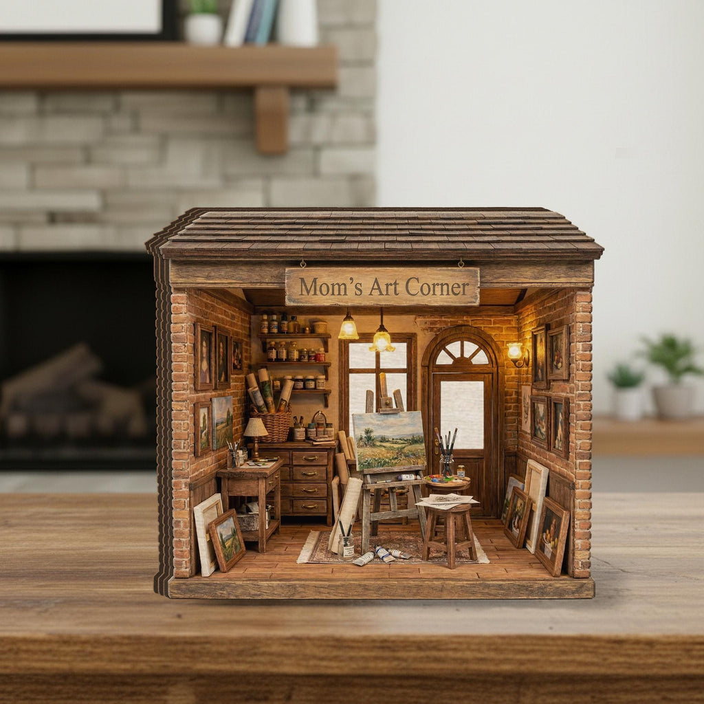 Personalized Wooden Block Art Studio Diorama, Mini Painting Room Scene with Easel and Canvas