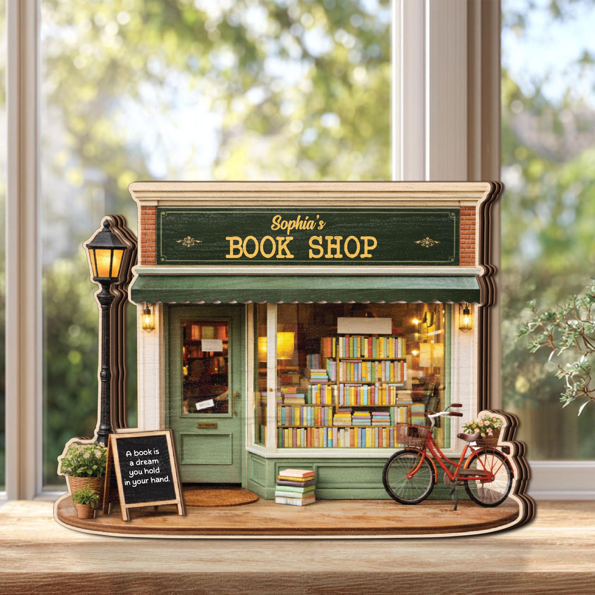 Personalized Book Shop Wooden Block, Custom Name Bookstore Decor, Miniature Library Wooden Sign Gift for Book Lovers, Cozy Reading Decor