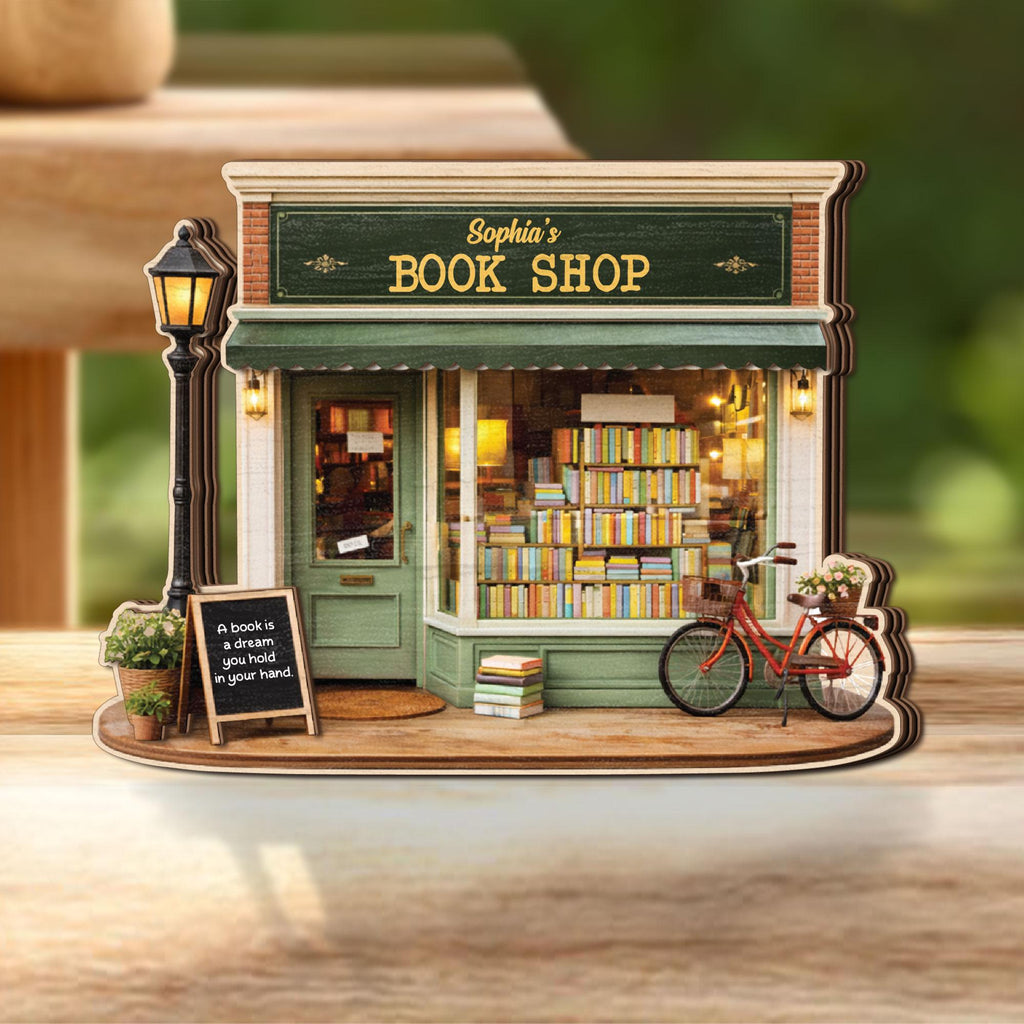 Personalized Book Shop Wooden Block, Custom Name Bookstore Decor, Miniature Library Wooden Sign Gift for Book Lovers, Cozy Reading Decor