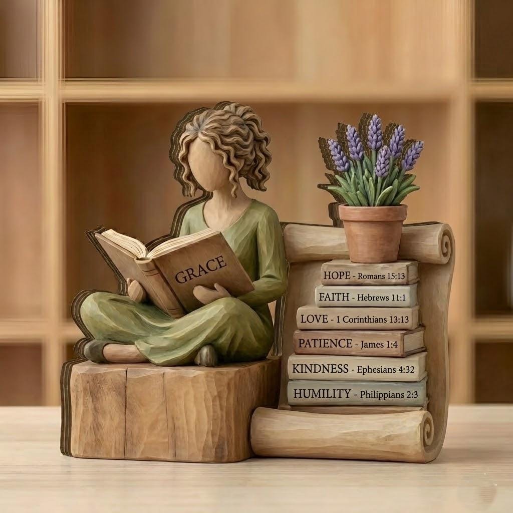 Personalized Reading Lover Wooden Block, Book Lover Woman Statue, Wisdom Book Stack Sculpture, Reader Gift for Book Lovers