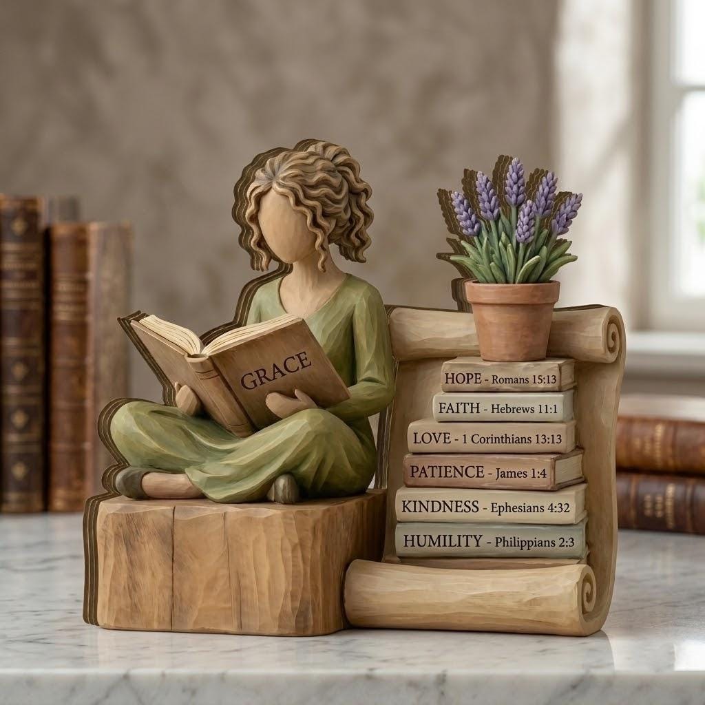 Personalized Reading Lover Wooden Block, Book Lover Woman Statue, Wisdom Book Stack Sculpture, Reader Gift for Book Lovers