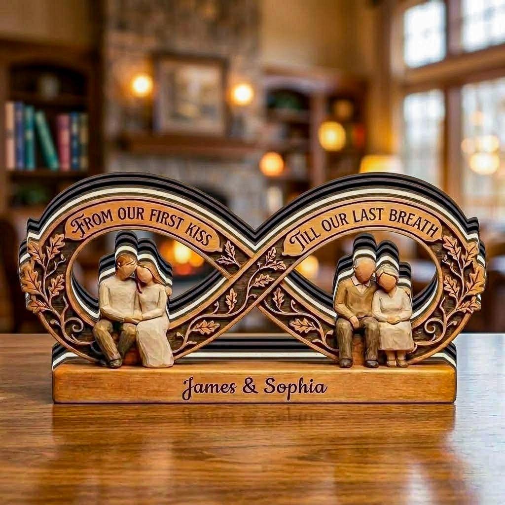 Personalized Infinity Couple Wooden Block, Custom Anniversary Gift for Couple, From Our First Kiss Till Our Last Breath, Wood Name Decor