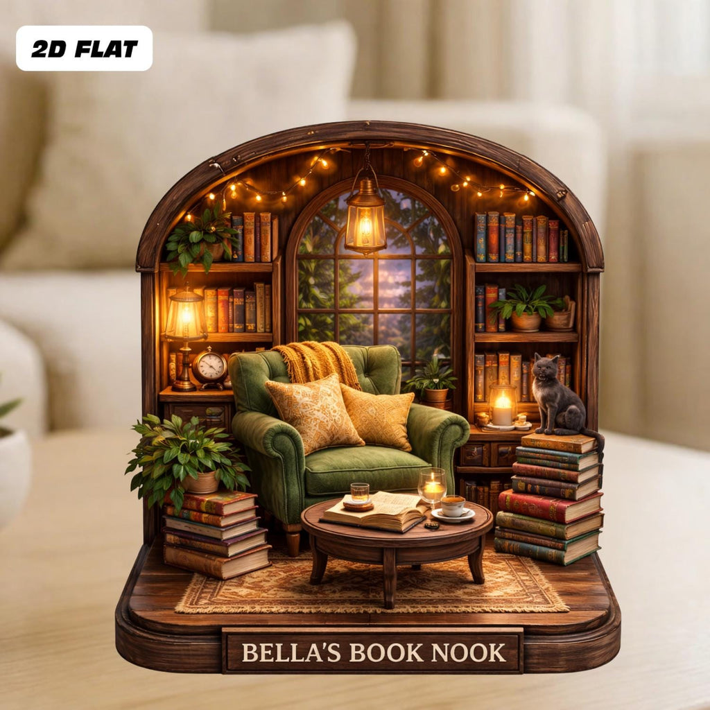 Personalized Book Nook Wooden Block, Cozy Library Miniature, Custom Reading Nook Decor, Gift For Book Lovers, Bibliophile Home Decor