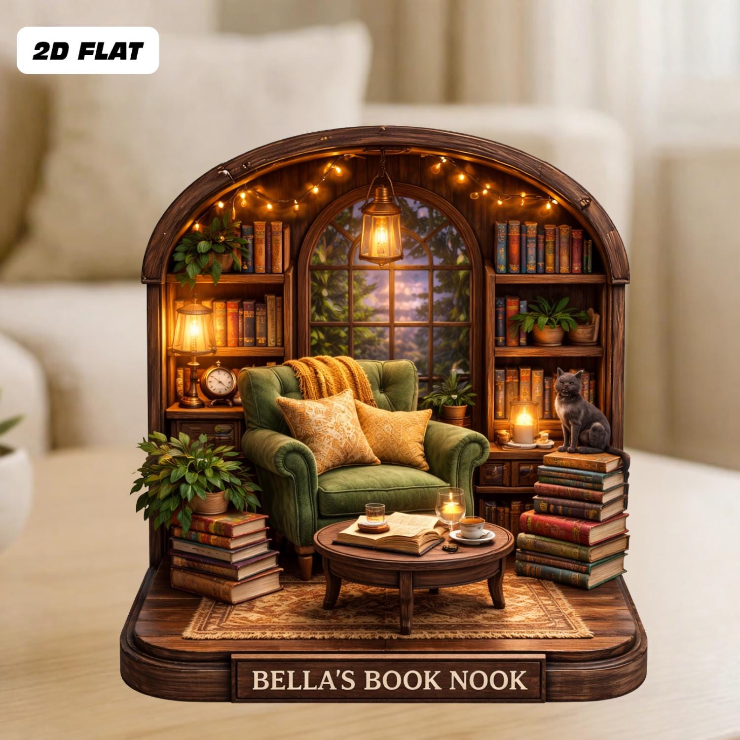 Personalized Book Nook Wooden Block, Cozy Library Miniature, Custom Reading Nook Decor, Gift For Book Lovers, Bibliophile Home Decor