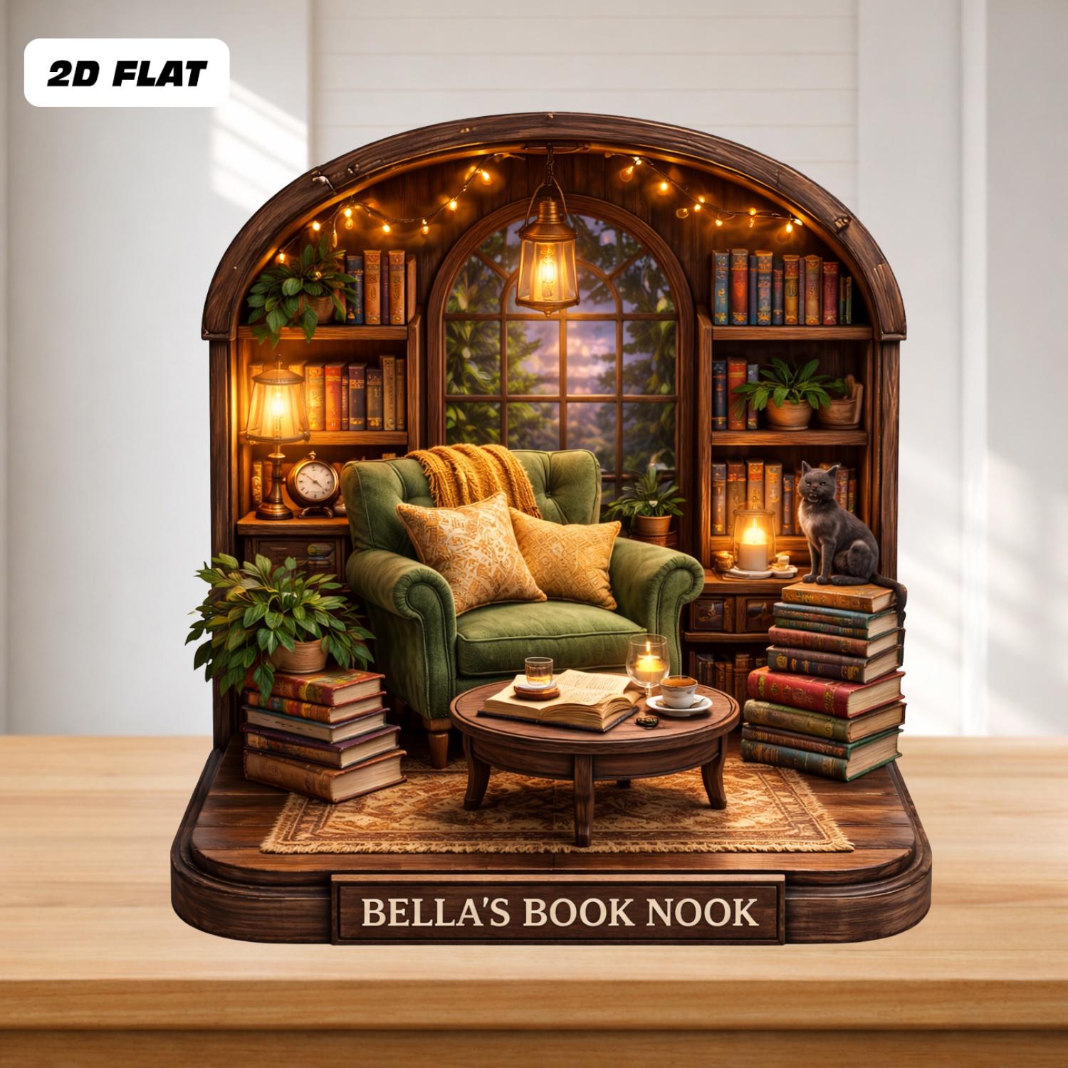Personalized Book Nook Wooden Block, Cozy Library Miniature, Custom Reading Nook Decor, Gift For Book Lovers, Bibliophile Home Decor