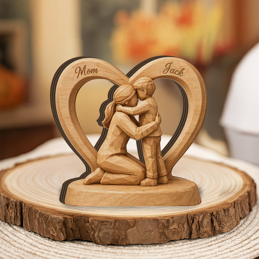 Wooden Heart Block Mom Son Sculpture, Personalized Name 2D Flat Wood Figurine Decor