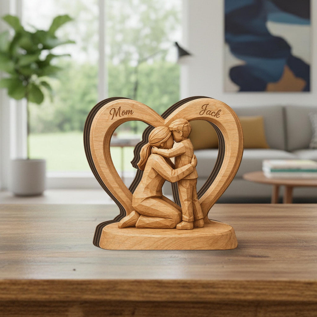 Wooden Heart Block Mom Son Sculpture, Personalized Name 2D Flat Wood Figurine Decor
