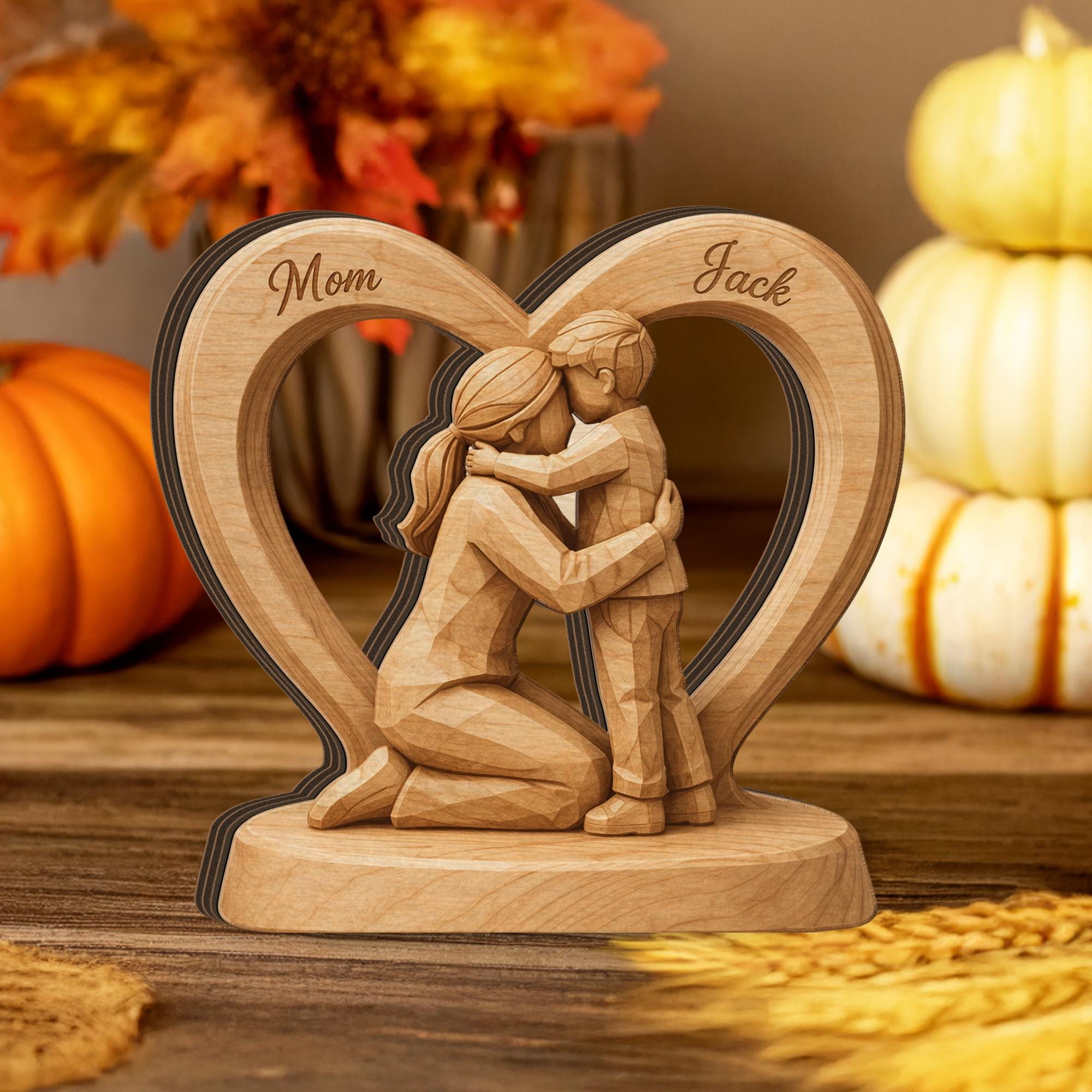 Wooden Heart Block Mom Son Sculpture, Personalized Name 2D Flat Wood Figurine Decor